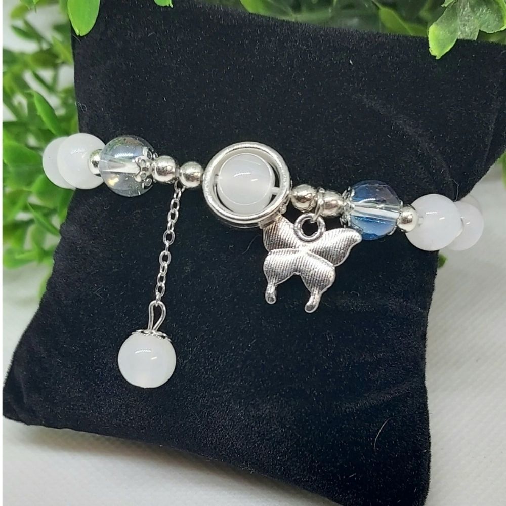 Romantic White, Earadecent, and Silver Bead Bracelet with Butterfly Charm NEW